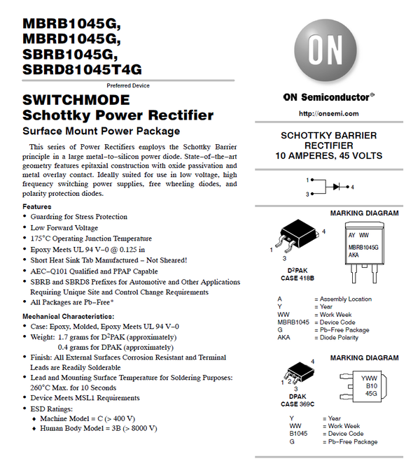 10x SBRD81045T4G SMD Schottky-Diode DPAK (10A 45V) von ON SEMICONDUCTOR