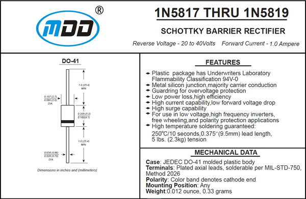 40x 1N5819 Schottky-Diode DO-41 (1A 40V) von MDD