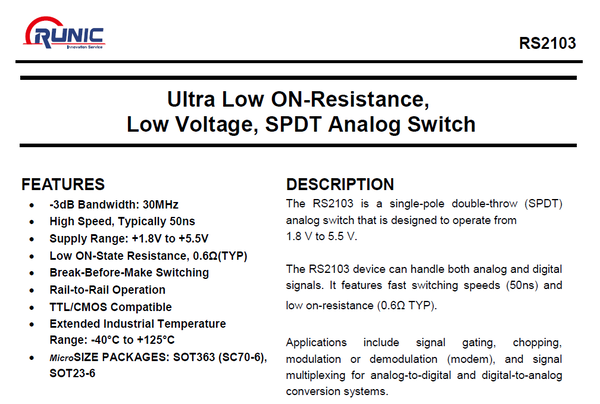 20x RS2103XH Analogschalter Ultra Low ON-Resistance 0,6Ω von RUNIC (SOT23-6)