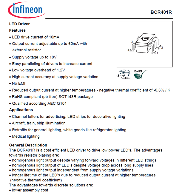 20x BCR401R (SOT143R) LED Treiber IC (18V 10-60mA) von INFINEON TECHNOLOGIES